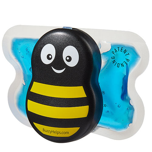 Buzzy Personal Ice Pack Pain Relief Tool for kids with a smiling black bee with yellow stripes on the front and a blue ice pack behind it.