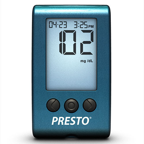 Blue Presto blood sugar monitor with a low result of 02 mg/dL.