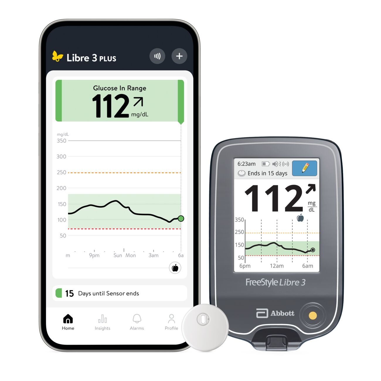 Freestyle Libre 3 Plus app and FreeStyle Libre 2 reader with sensors.
