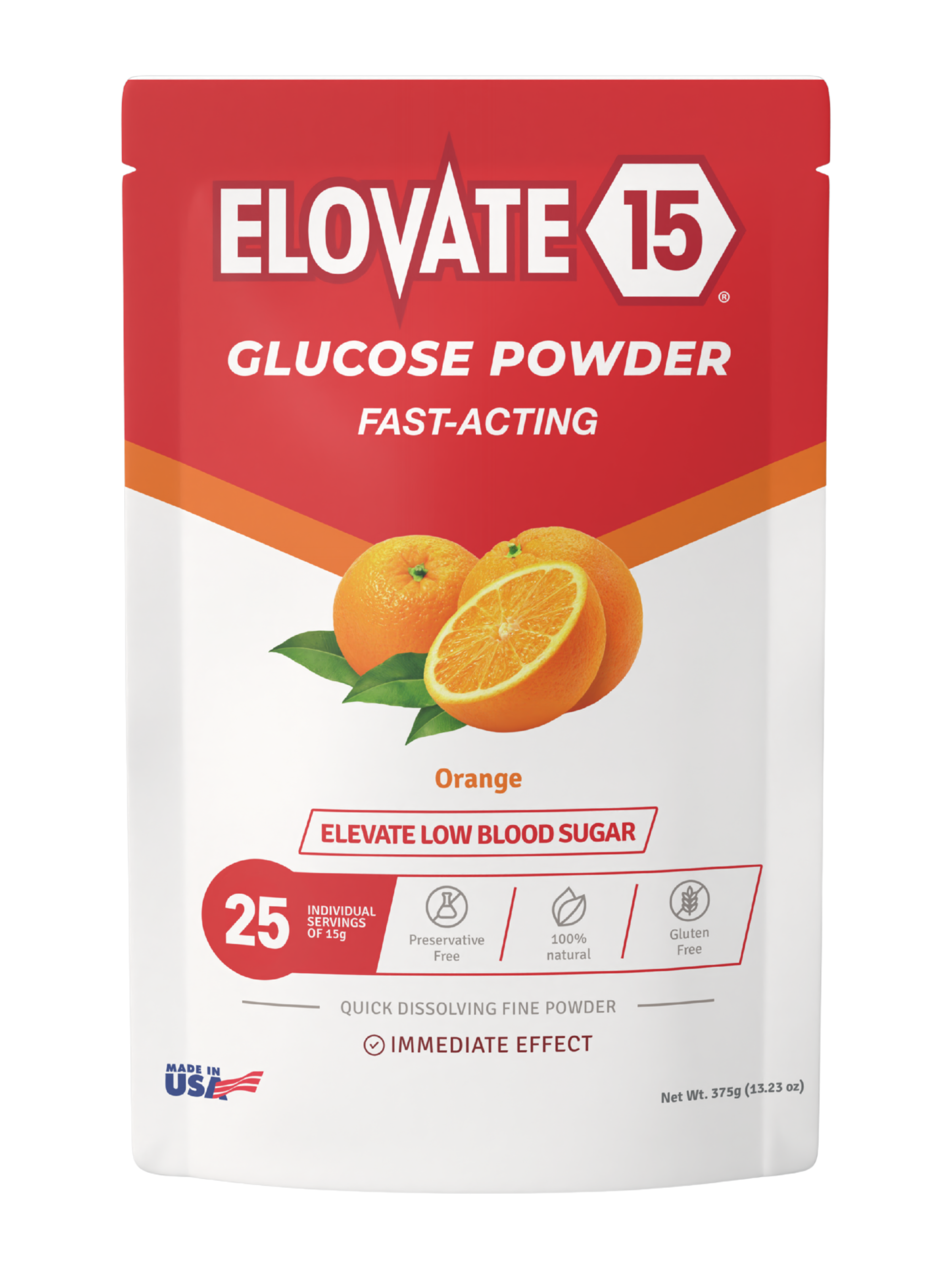 Packet of orange-flavored Elovate Glucose Powder