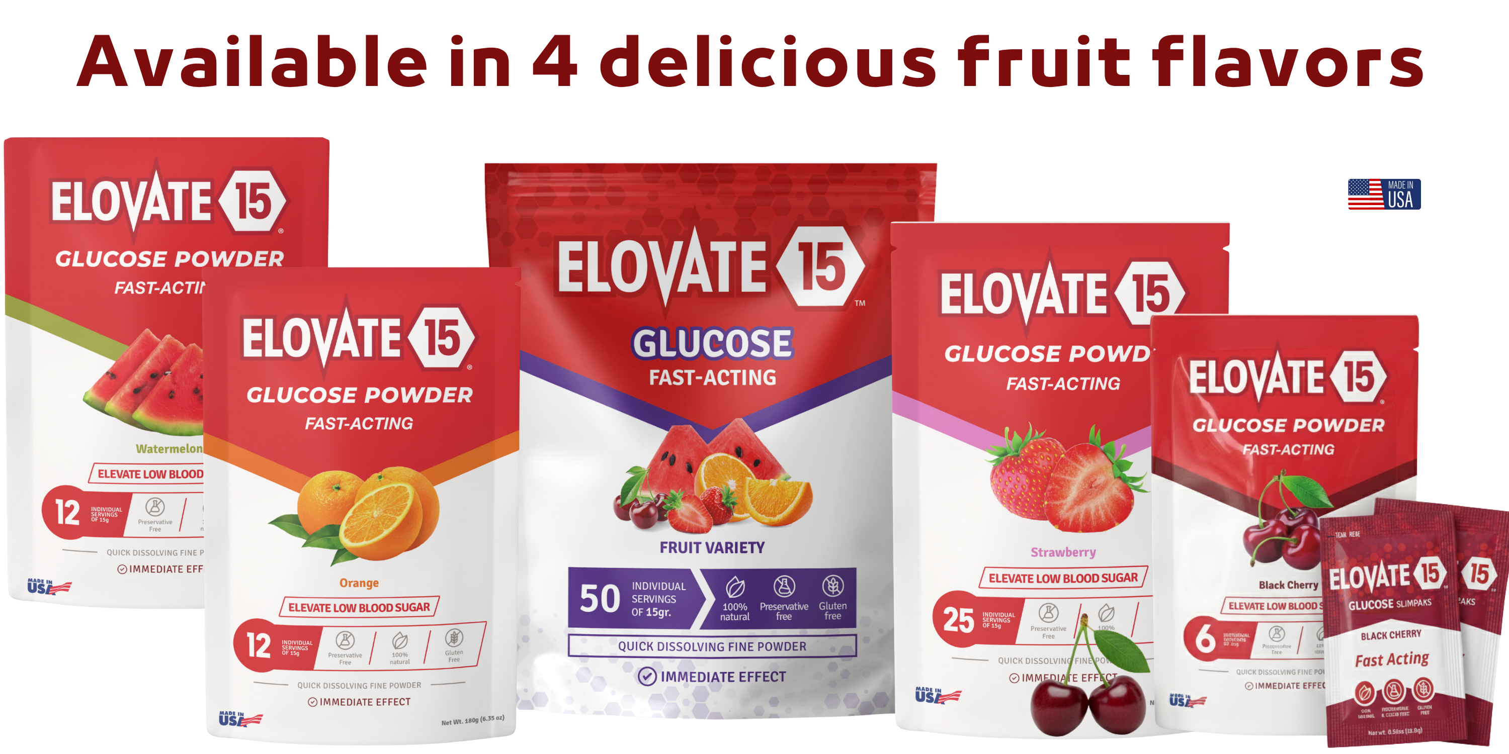 Elovate Glucose Powder in 4 fruit flavors