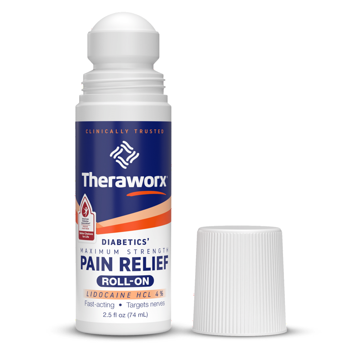 Theraworx Pain Relief roll on applicator with cap removed