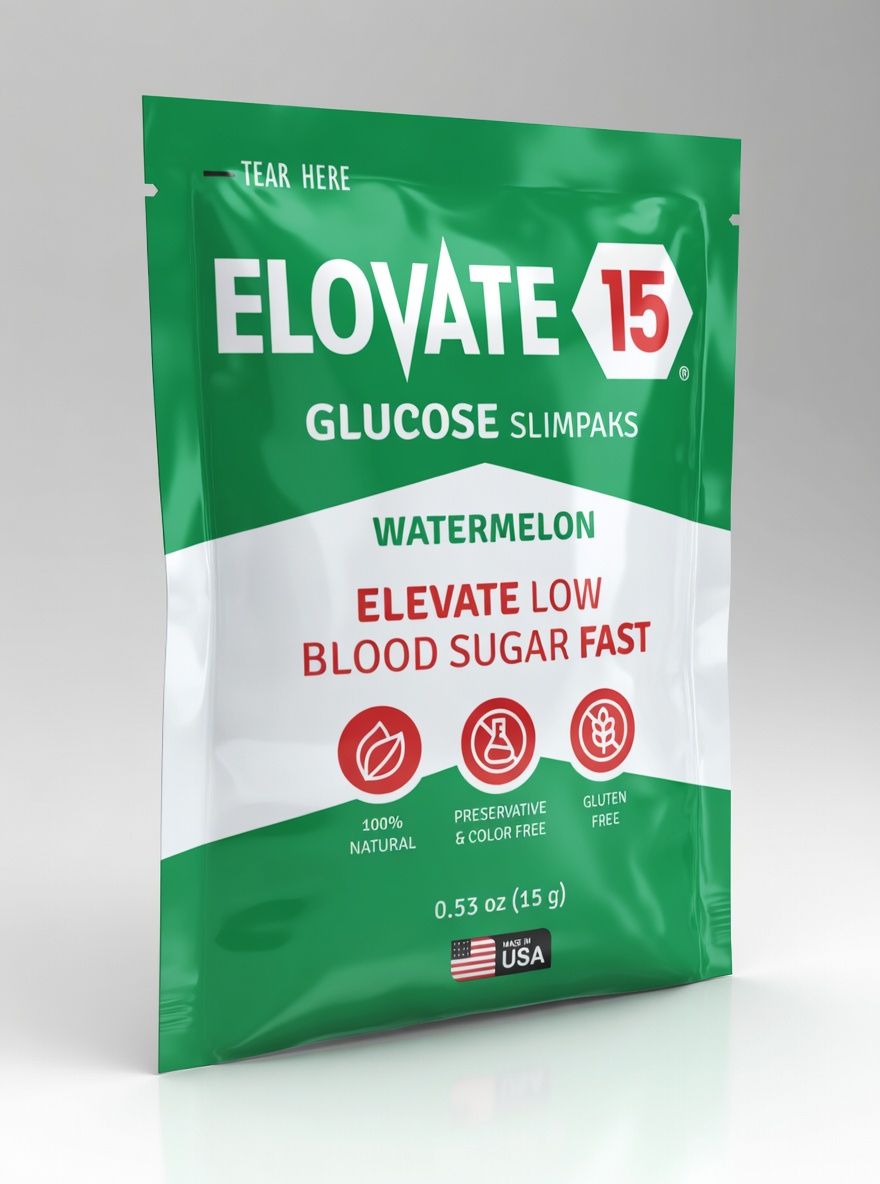 Packet of watermelon-flavored Elovate Glucose Powder