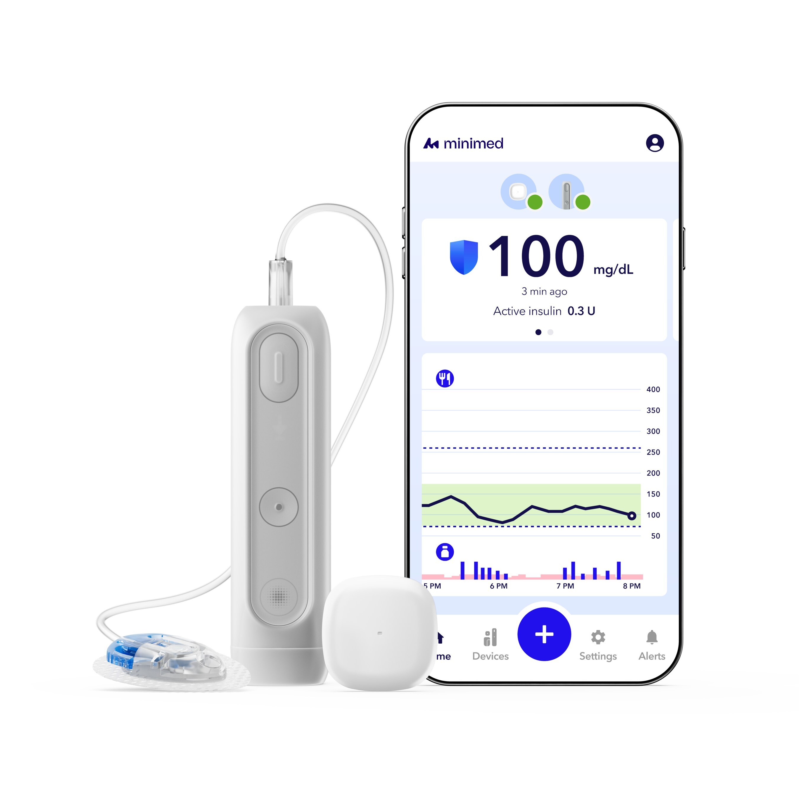 MiniMed Flex screenless insulin pump with smart phone displaying mobile app