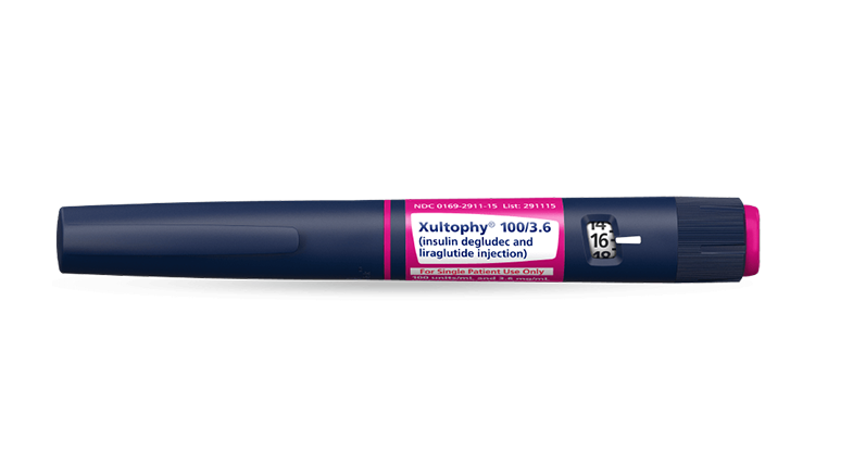 Dark blue Xultophy® 100/3.6 insulin pen with a pink label.