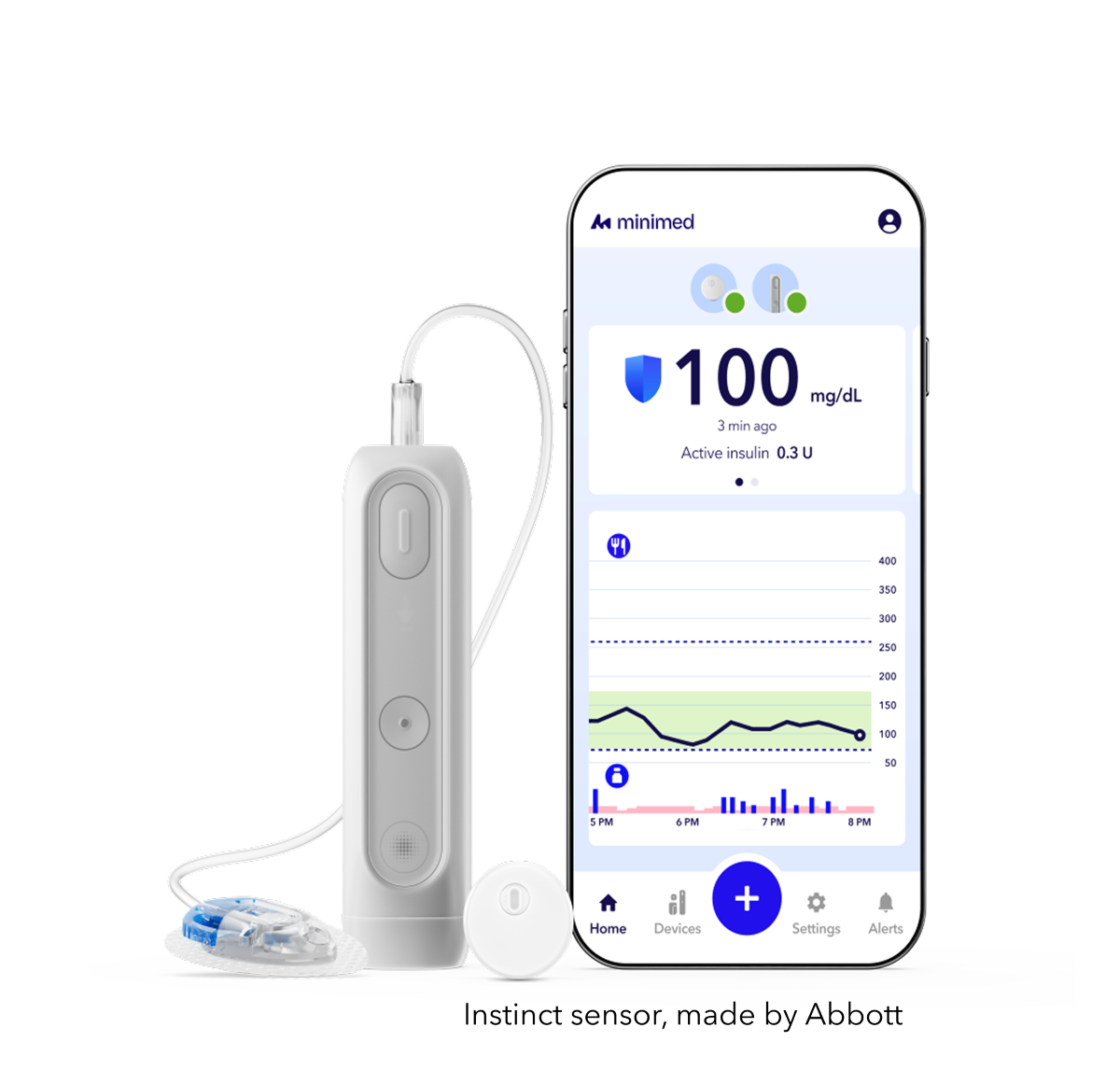 A smartphone displays a blood glucose app with "100 mg/dL". A white insulin pump is connected to a small sensor.