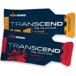 Two Transcend glucose gels in orange and strawberry flavors.
