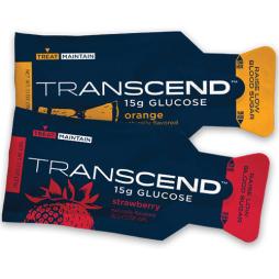 Two Transcend glucose gels in orange and strawberry flavors.
