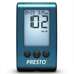 Blue Presto blood sugar monitor with a low result of 02 mg/dL.