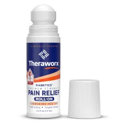 Theraworx Pain Relief roll on applicator with cap removed