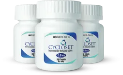 Three white prescription bottles for CYCLOSET 0.8mg tablets.
