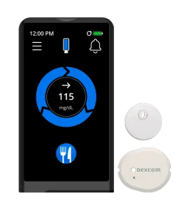 Continuous glucose monitor displaying 115 mg/dL, with Dexcom sensor and transmitter.