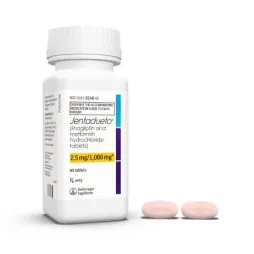White Jenfactuefor (2.5 mg/1,000 mg) bottle with two light pink pills.