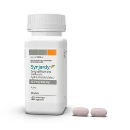 Photograph: Synjardy bottle (12.5 mg/500 mg) and two light pink oval pills.