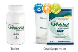 Welchol tablet bottle and oral suspension packet; mix with water, fruit juice, or diet drinks.
