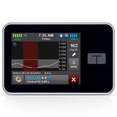 The image is of a Tandem t:slim X2 insulin pump.