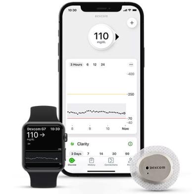 Dexcom CGM System including phone, Apple Watch, and sensor.