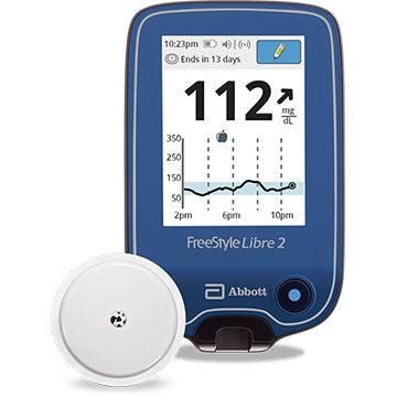Freestyle Libre 2 system, including a sensor and reader device.