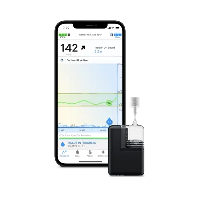 Tandem Mobi pump with iPhone displaying mobile app