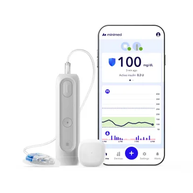 MiniMed Flex screenless insulin pump with smart phone displaying mobile app