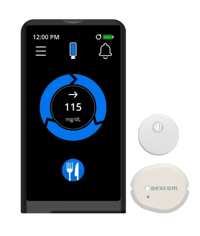 Continuous glucose monitor displaying 115 mg/dL, with Dexcom sensor and transmitter.