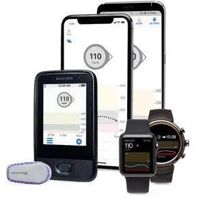 Images of Dexcom G7 devices including a smartphone, smartwatch, and receiver.