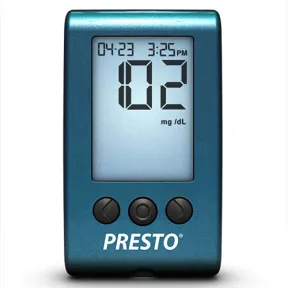 Blue Presto blood sugar monitor with a low result of 02 mg/dL.