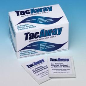Box of TacAway Adhesive Remover Wipes and two individual TacAway packets.