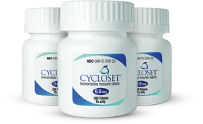 Three white prescription bottles for CYCLOSET 0.8mg tablets.