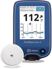 Freestyle Libre 2 system, including a sensor and reader device.