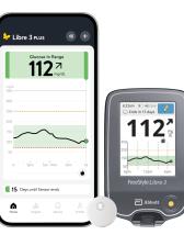 Freestyle Libre 3 Plus app and FreeStyle Libre 2 reader with sensors.