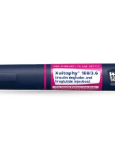 Dark blue Xultophy® 100/3.6 insulin pen with a pink label.