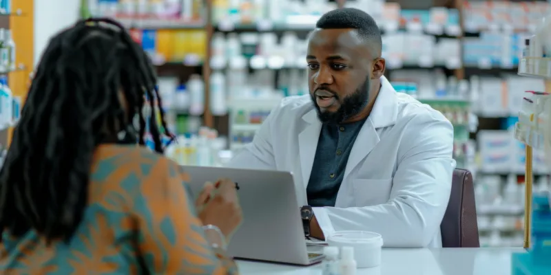 A pharmacist helps discuss health care cost options