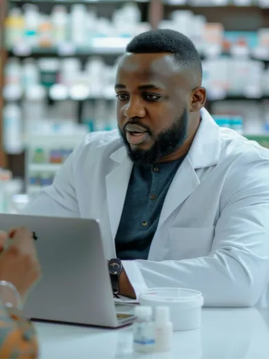 A pharmacist helps discuss health care cost options
